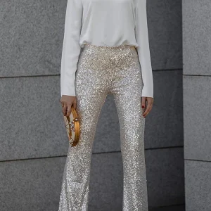 Sparkling Flared Pants met Hoge en Elastische Taille