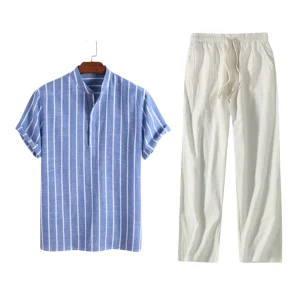 Kort Gestreept Overhemd met Staande Kraag en Casual Broek - Tweedelige Zomerset