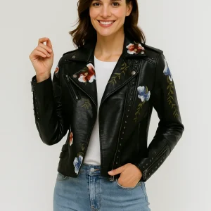 Floral Jas uit Vegan Leer – Feminine Accenten Met Rocker Flair