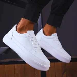 Lage Heren Sneakers - Witte Casual Schoenen met Vetersluiting & Platte Zool