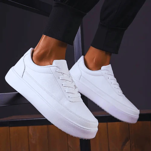 Lage Heren Sneakers - Witte Casual Schoenen met Vetersluiting & Platte Zool - Afbeelding 2